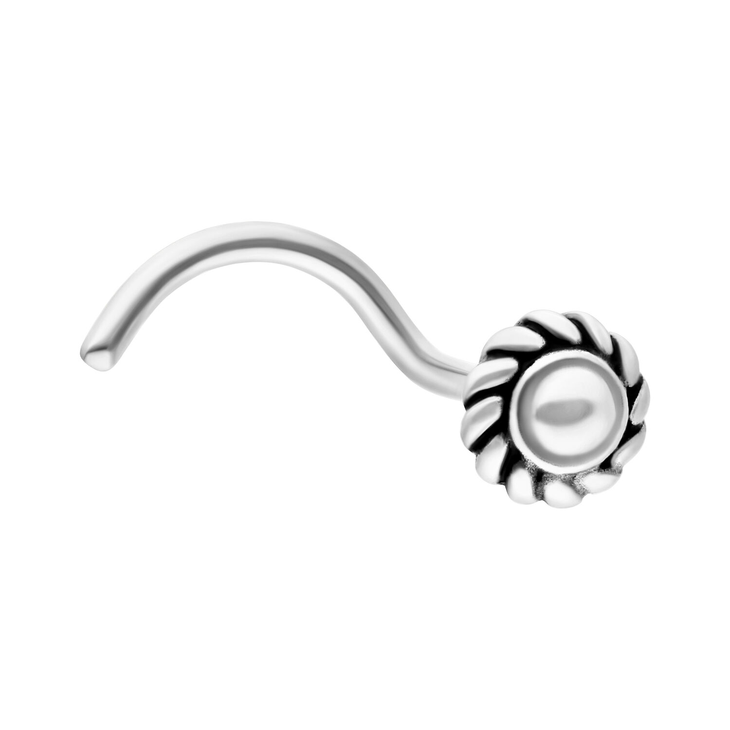Silberner Pinwheel Nasenstecker aus Chirurgenstahl Silberner Nasenstecker mit Pinwheel-Design auf weißem Hintergrund