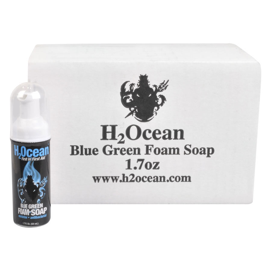 H2Ocean Blue Green Foam Soap 50ml Box Weiße Box mit H2Ocean Blue Green Foam Soap Flasche davor