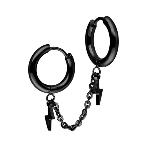 Schwarze Double Huggie Ohrringe mit Blitzanhänger und Kettchen