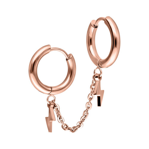 Roségoldene Double Huggie Ohrhänger mit Blitzanhängern auf weißem Hintergrund