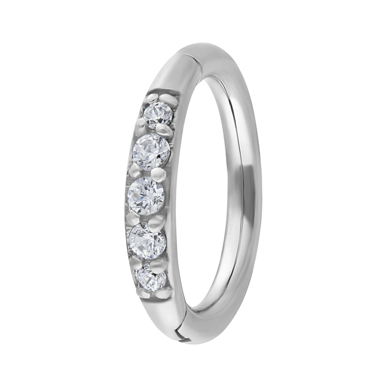 Silberner Clicker-Ring mit klaren Kristallen auf weißem Hintergrund