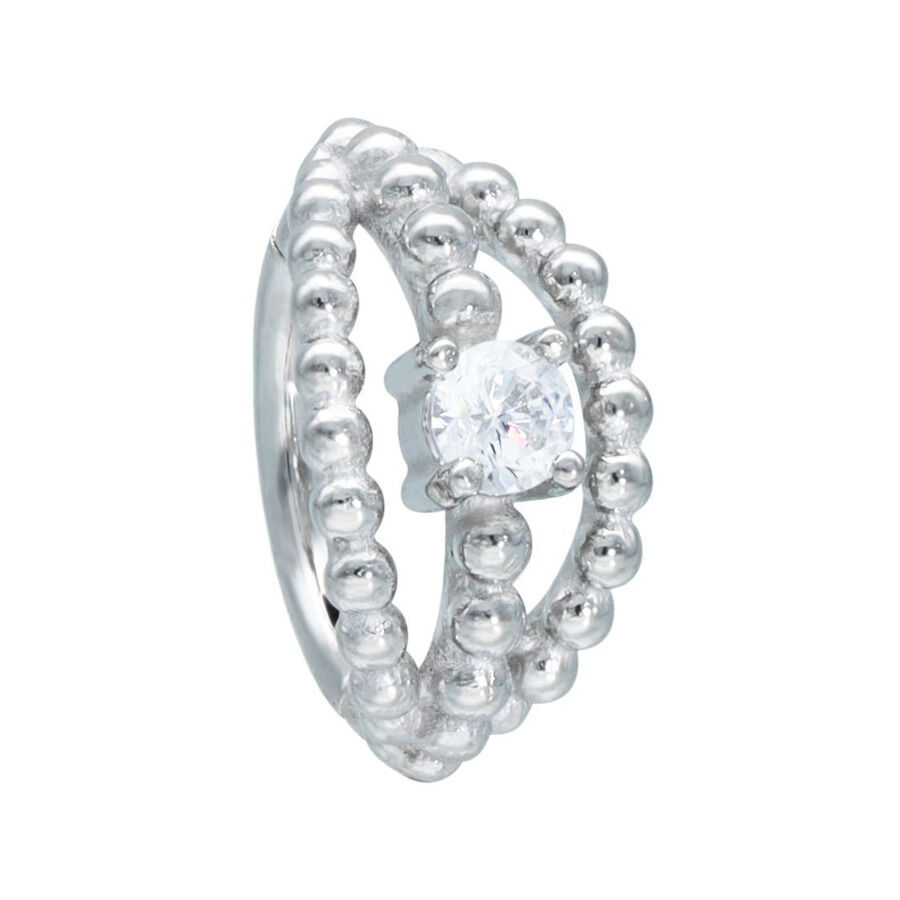 Silberner Royality Clicker mit Kristall Silberner Piercingring mit Kristall und Perlenstruktur auf weißem Hintergrund