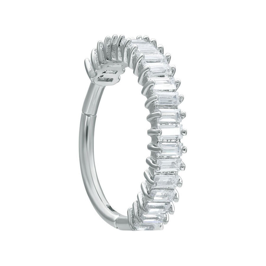 Euphoria Clicker aus Chirurgenstahl mit Kristallen Silberner Euphoria Clicker Piercingring mit klaren Kristallen auf weißem Hintergrund