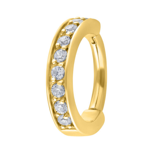 Goldener Hinged Ring, 8 mm Innendurchmesser, mit klaren Kristallen auf weißem Hintergrund