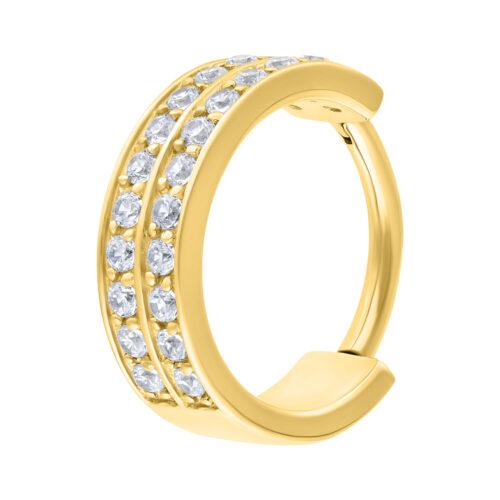 Goldener Hinged Ring mit doppelter Reihe klarer Kristalle auf weißem Hintergrund