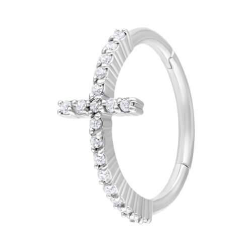 Silberner Piercingring mit funkelndem Kreuz aus klaren Kristallen, 11 mm