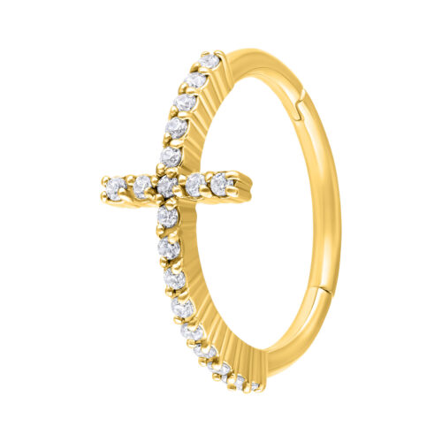 Goldener Piercingring mit Kreuzdesign und Kristallen auf weißem Hintergrund