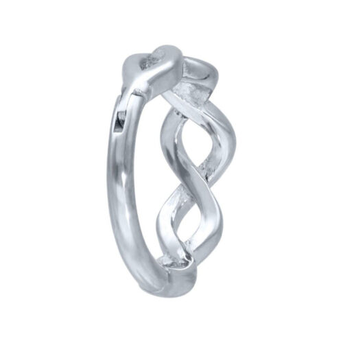 Silberner DNA Clicker Piercingring mit verschlungenem Design auf weißem Hintergrund