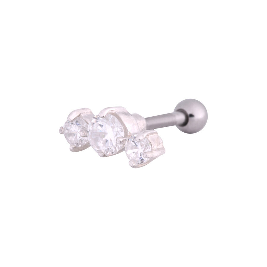 Ohr Barbell mit drei Kristallen, Silber Ohr Barbell mit drei klaren Kristallen auf silbernem Chirurgenstahl