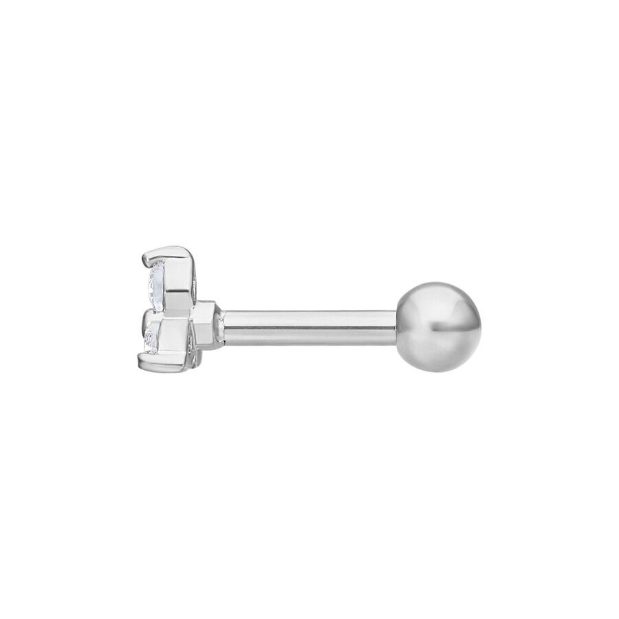 Silbernes Ohr Barbell mit Kristallaufsatz Silbernes Ohr Barbell aus Chirurgenstahl mit klarem Kristallaufsatz auf weißem Hintergrund
