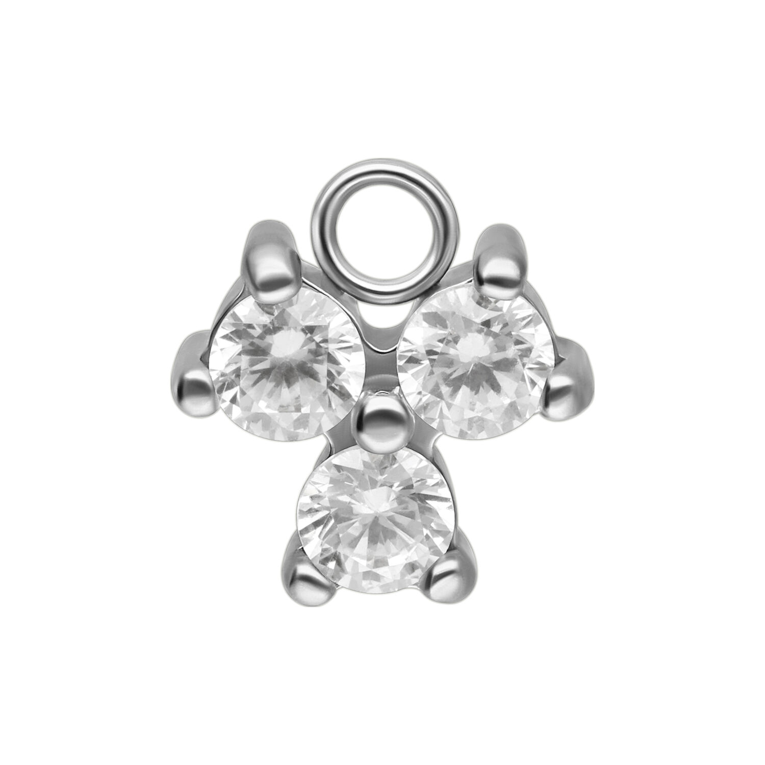 Kristall Trinity Anhänger in Silber und Gold Silberner Kristallanhänger mit drei funkelnden Steinen auf weißem Hintergrund