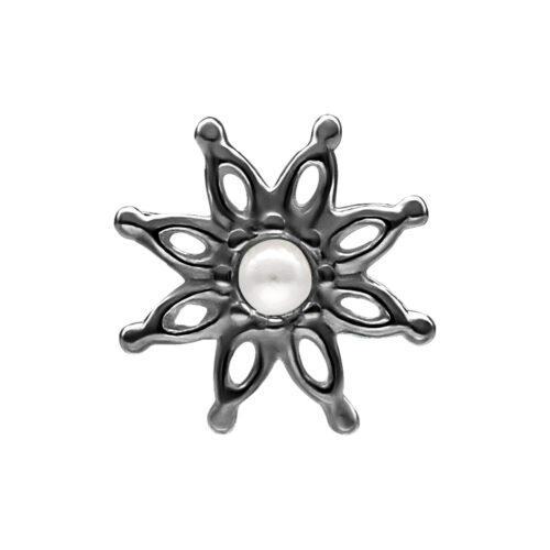 Schwarzer Bloom Aufsatz aus Silber mit zentraler Perle auf weißem Hintergrund