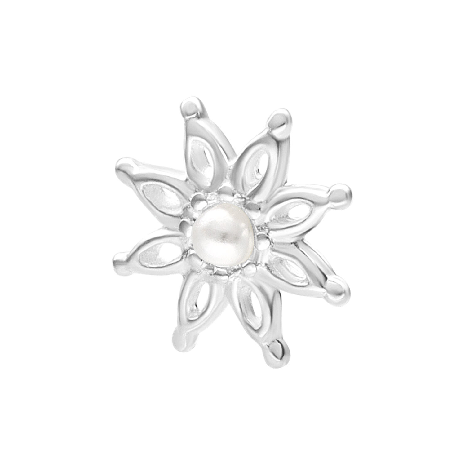 Silberner Push Fit Bloom Aufsatz, 7 mm Silberner Blumenaufsatz mit Perlenakzent auf weißem Hintergrund