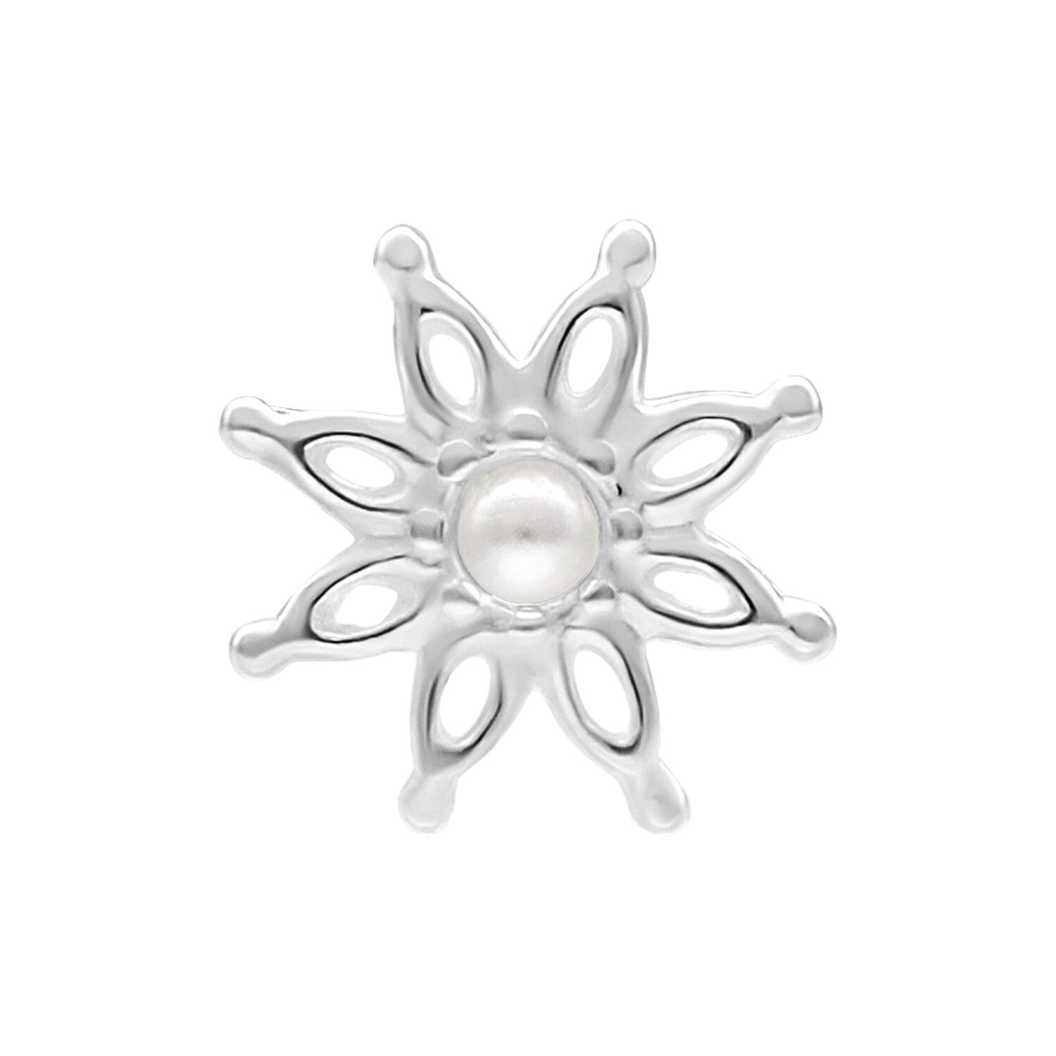 Push Fit Bloom Aufsatz in Silber mit Perle Silberner Push Fit Bloom Aufsatz mit Perlendetail auf weißem Hintergrund
