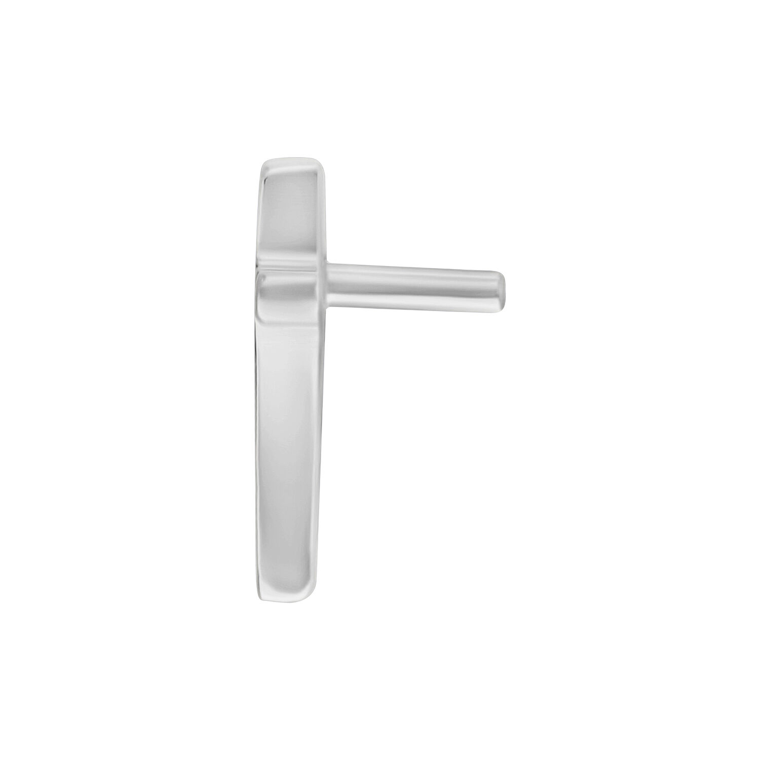 Silberner Push Fit Cross Aufsatz für Bioplast Silberner Aufsatz in Kreuzform für Push Fit Piercings auf weißem Hintergrund