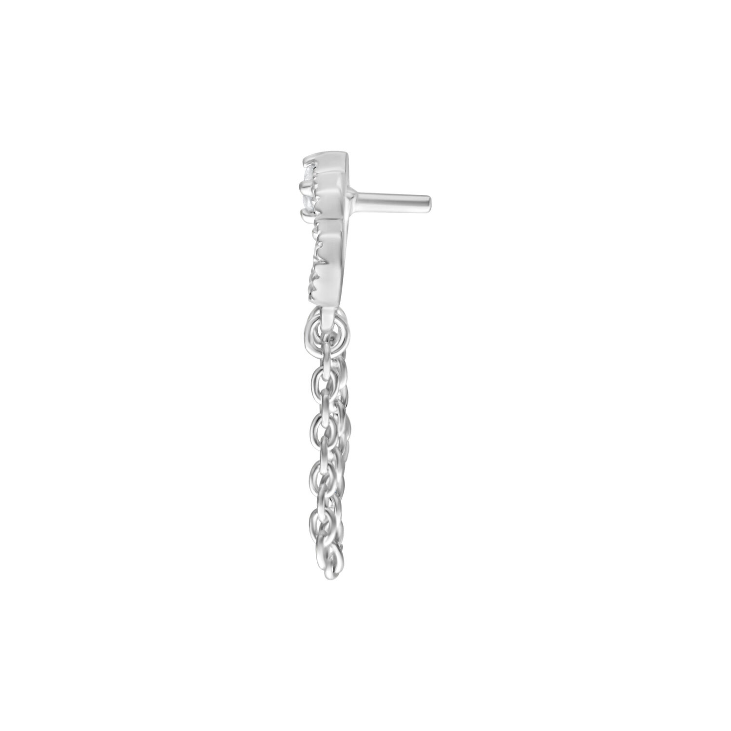 Silberner Push Fit Aufsatz mit Kettenanhänger Silberner Aufsatz für Push Fit Piercings mit Kettenanhänger auf weißem Hintergrund