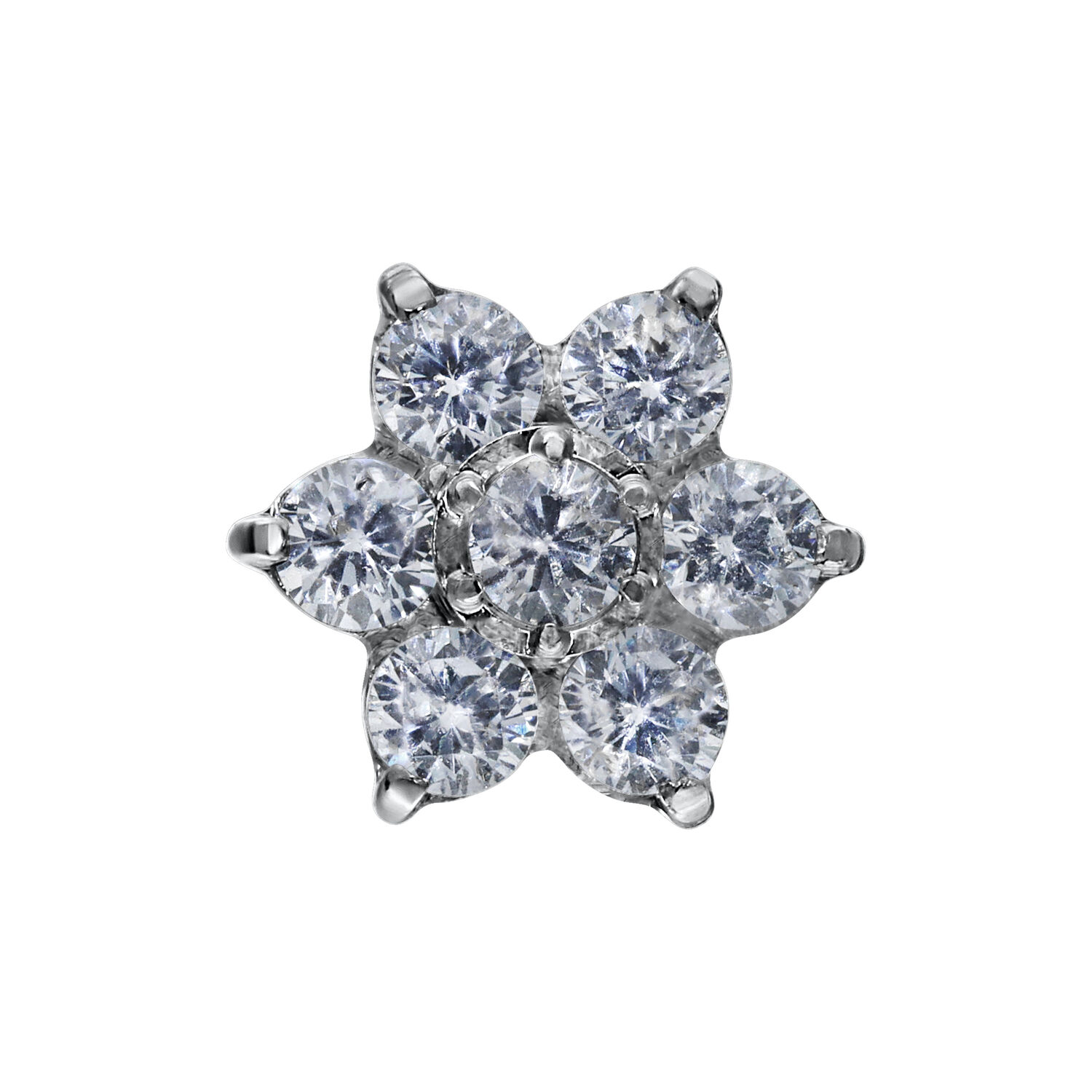 Blumenförmiger Kristallaufsatz für Push Fit Piercings Blumenförmiger Aufsatz mit klaren Kristallen für Push Fit auf weißem Hintergrund