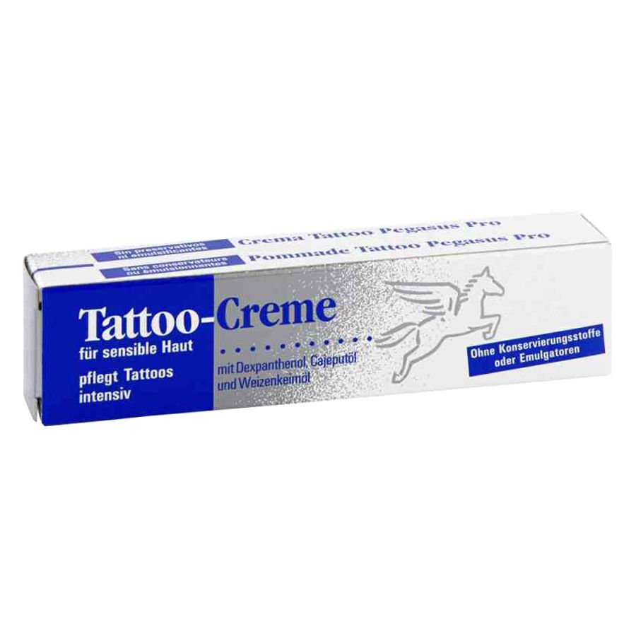 Pegasus Tattoo Creme 25ml Blaue Verpackung Pegasus Tattoo Creme 25ml in blauer Schachtel mit weißem Pegasus-Logo