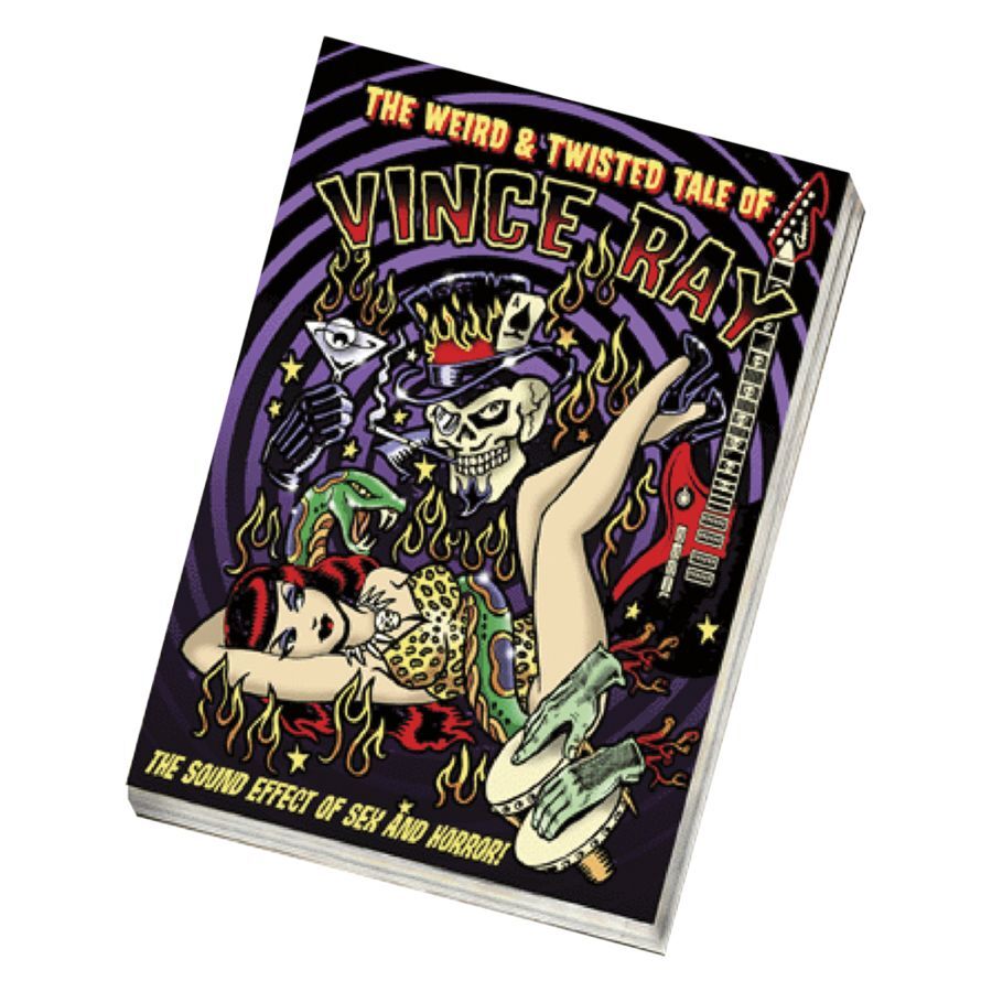 Buch 'The Weird and Twisted Tale of Vince Ray' Buntes Buchcover mit Skelett, Frau und Gitarre vor lila Hintergrund