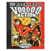 Non Stop Rock'n'Roll Voodoo Action Poster Buntes Poster mit Rockabilly-Motiv, Frau auf Motorrad, Skelett mit Gitarre