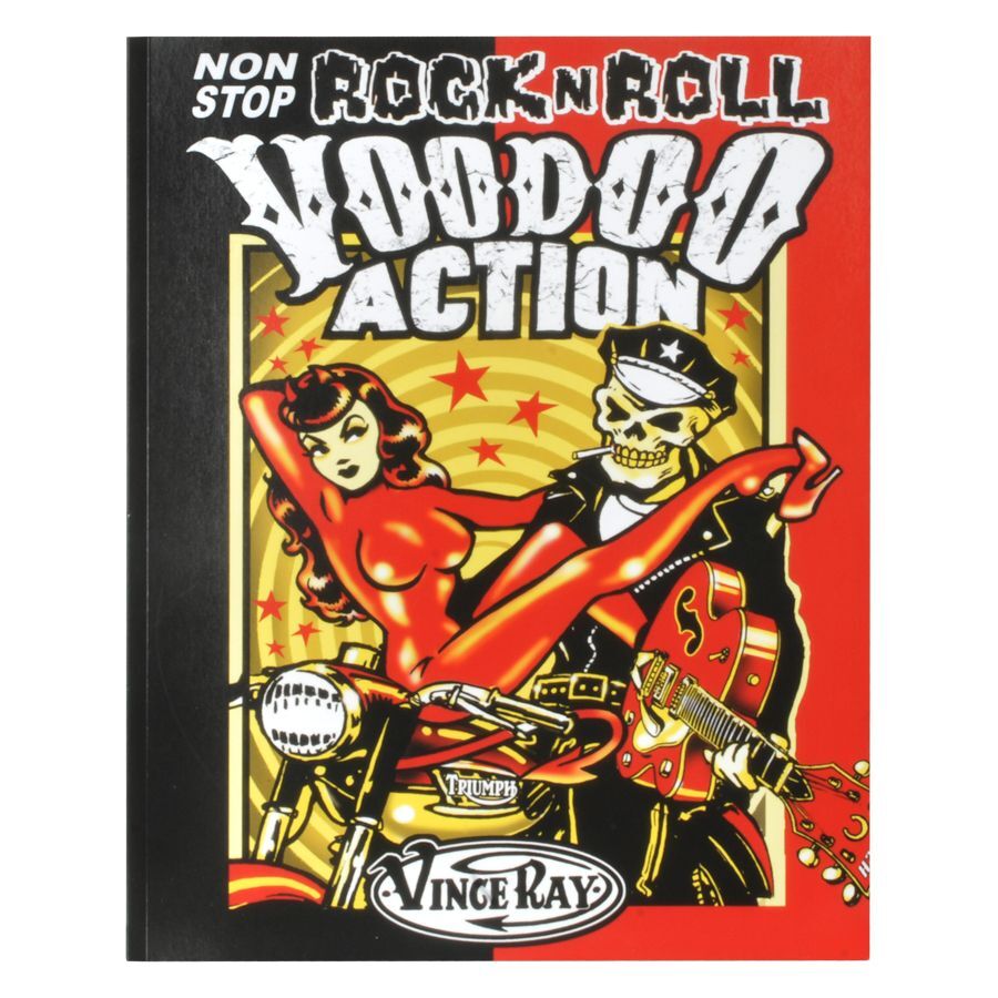 Non Stop Rock'n'Roll Voodoo Action Poster Buntes Poster mit Rockabilly-Motiv, Frau auf Motorrad, Skelett mit Gitarre