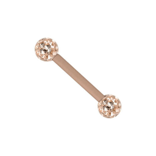Roségoldenes Barbell mit glänzenden Kristallkugeln auf weißem Hintergrund
