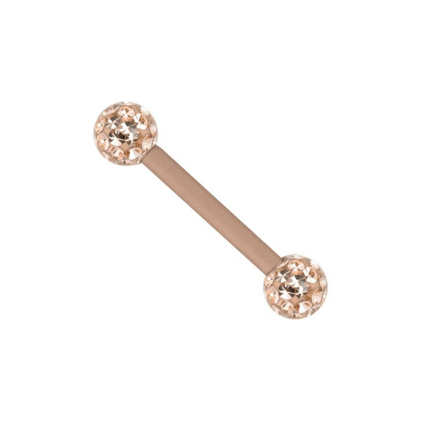 Roségoldenes Barbell-Piercing mit Kristallen Roségoldenes Barbell mit glänzenden Kristallkugeln auf weißem Hintergrund
