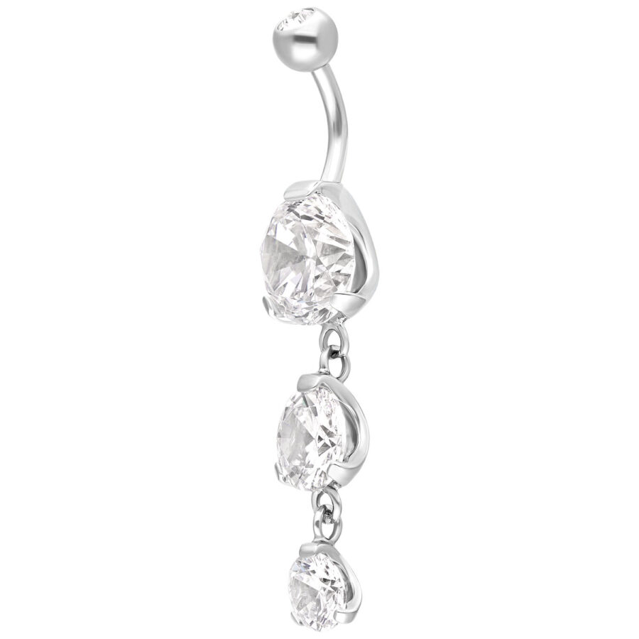 Silbernes Piercing mit drei klaren Kristallen an einer gebogenen Stange