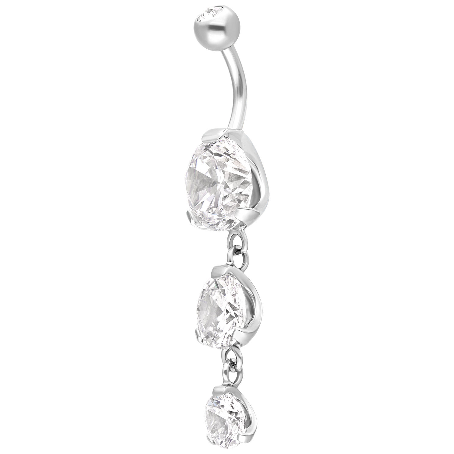 Silbernes Piercing mit drei klaren Kristallen an einer gebogenen Stange