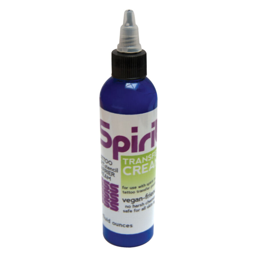 Spirit Transfer Cream für Tattoo Künstler Blaue Flasche Spirit Transfer Cream mit weißem Etikett auf weißem Hintergrund