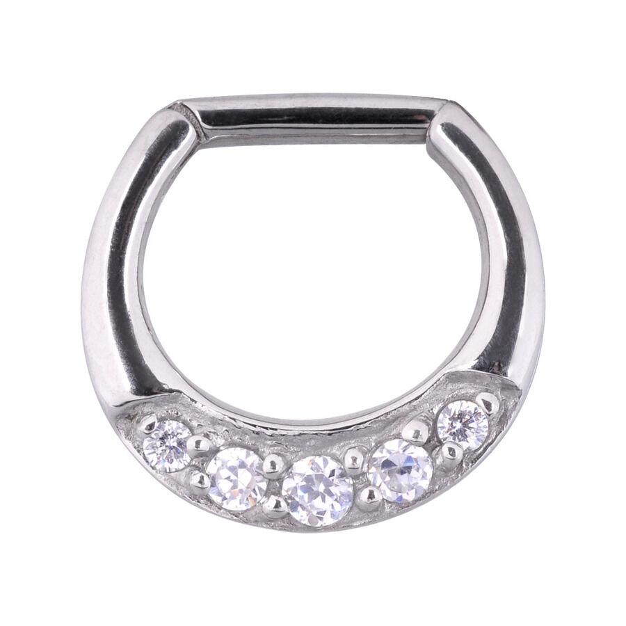 Glitzernder Septum Clicker in Silber Silberner Septum Clicker mit funkelnden Kristallen auf weißem Hintergrund