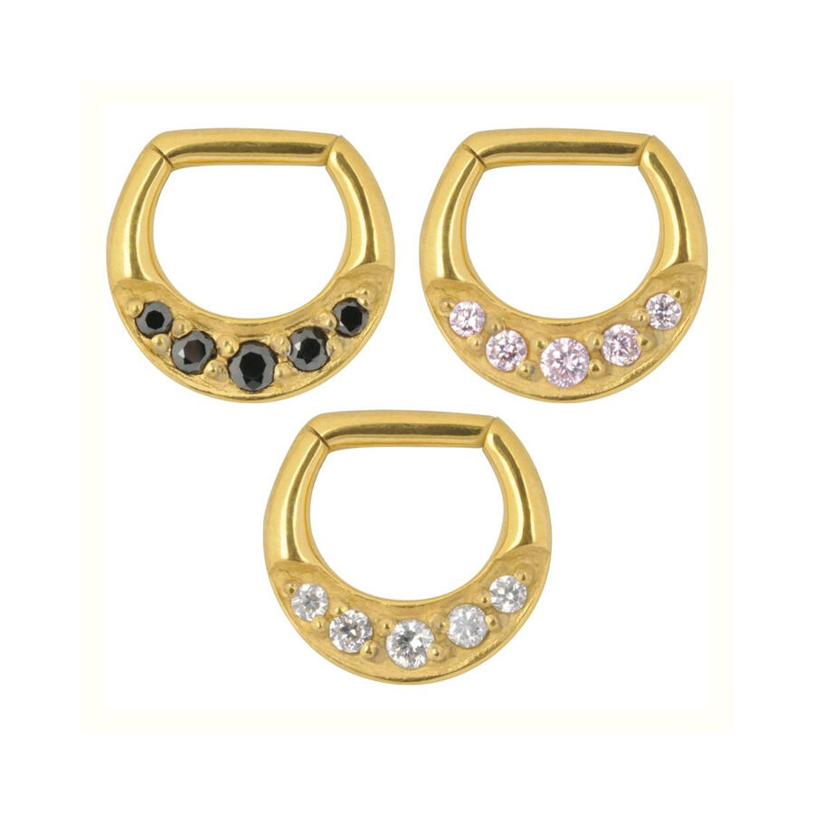 Drei goldene Septum Clicker mit schwarzen, rosa und klaren Kristallen