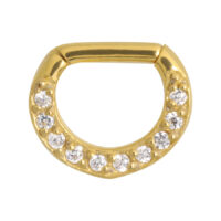 Goldener Septum Clicker mit klaren Kristallen auf weißem Hintergrund