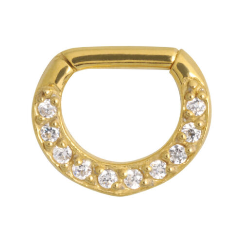 Goldener Septum Clicker mit klaren Kristallen auf weißem Hintergrund