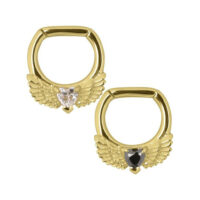 Goldener Winged Heart Septum Clicker Zwei goldene Septum Clicker mit Flügeln und Herzform, schwarze und klare Kristalle