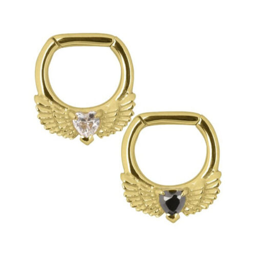 Zwei goldene Septum Clicker mit Flügeln und Herzform, schwarze und klare Kristalle