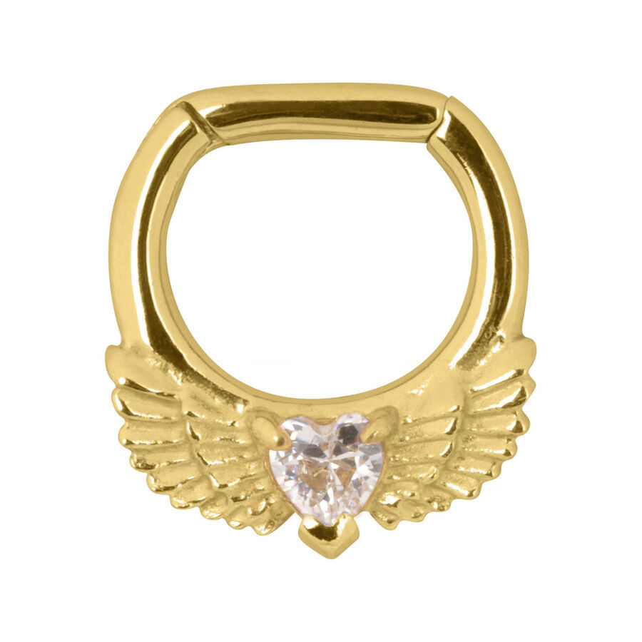 Goldener Winged Heart Septum Clicker mit Kristall Goldener Septum Clicker mit Flügeln und kristallklarem Herz auf weißem Hintergrund