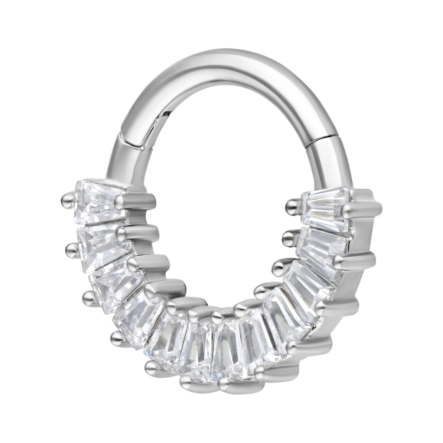 Euphoria Septum Clicker aus Chirurgenstahl Silberner Septum Clicker mit klaren Kristallen auf weißem Hintergrund