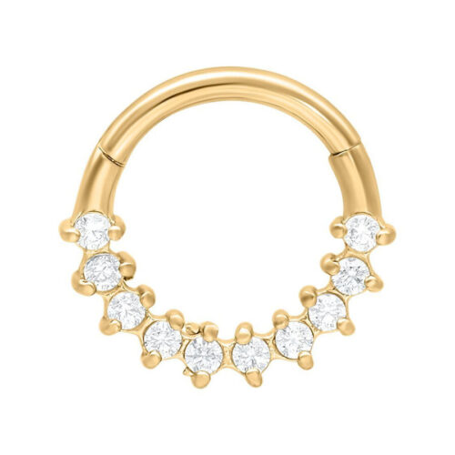 Glamorous Septum Clicker aus goldfarbenem Metall mit klaren Kristallen auf weißem Hintergrund