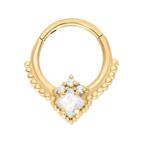 Goldener Septum Clicker mit Kristallverzierung auf weißem Hintergrund