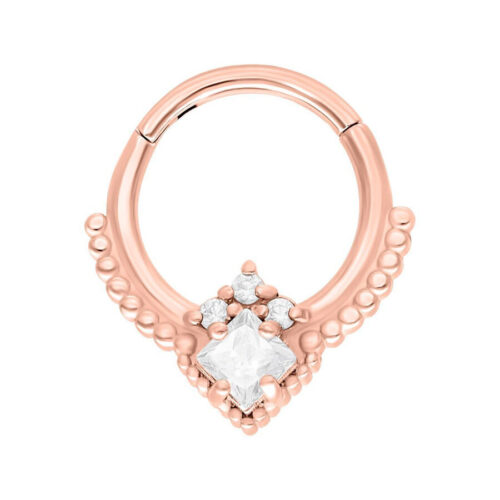 Roségoldener Septum Clicker mit Kristallen auf weißem Hintergrund
