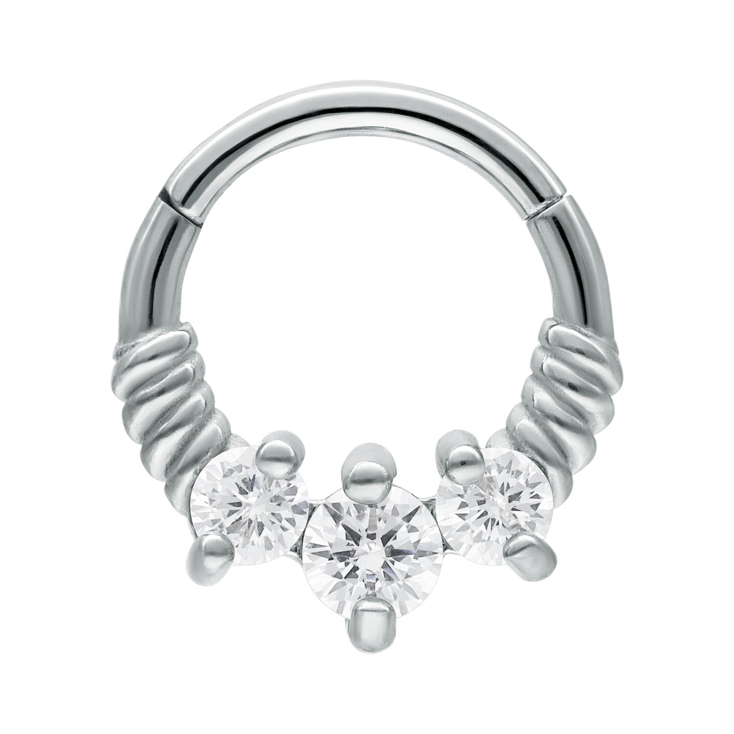 Septum Clicker mit drei klaren Kristallen Silberner Septum Clicker mit drei klaren Kristallen auf weißem Hintergrund