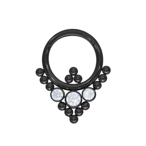 Schwarzer Oriental Triangle Clicker aus Chirurgenstahl mit klaren Kristallen auf weißem Hintergrund