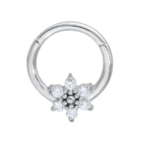 Silberner Ice Flower Clicker mit Kristallen Silberner Septum Clicker mit kristallklaren Steinen auf weißem Hintergrund