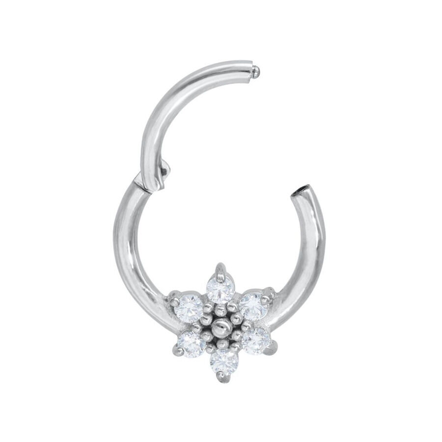 Silberner Ice Flower Septum Clicker Silberner Piercingring mit Kristallblume auf weißem Hintergrund