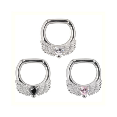 Drei silberne Wing Heart Clicker mit Herz und Flügeln auf weißem Hintergrund