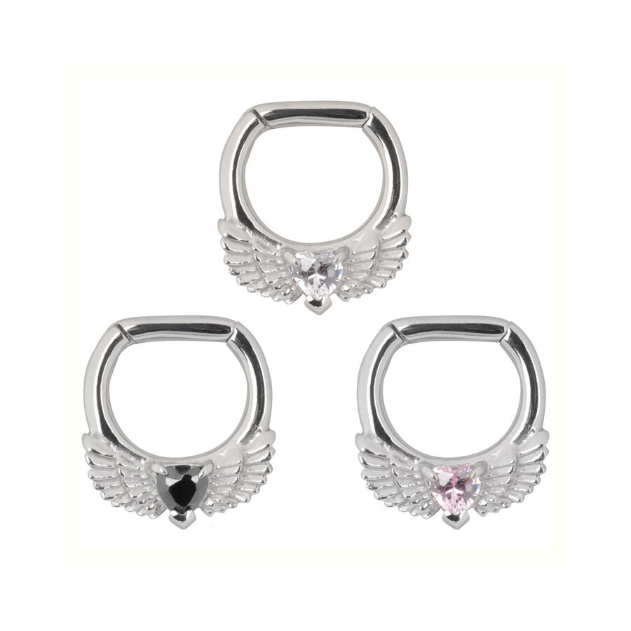 Wing Heart Clicker in Schwarz, Kristall und Rosa Drei silberne Wing Heart Clicker mit Herz und Flügeln auf weißem Hintergrund