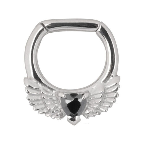 Silberner Septum Clicker mit schwarzem Herz-Kristall und Flügelmotiv