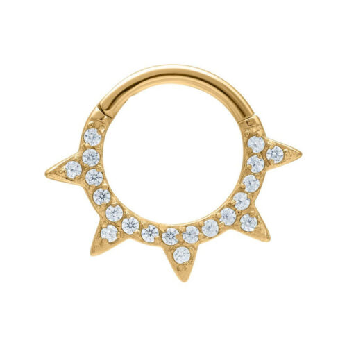 Goldener Piercing-Clicker mit funkelnden Kristallen auf weißem Hintergrund