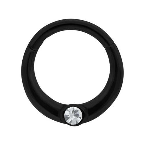 Schwarzer Metall-Septum Clicker mit klarem Kristall auf weißem Hintergrund